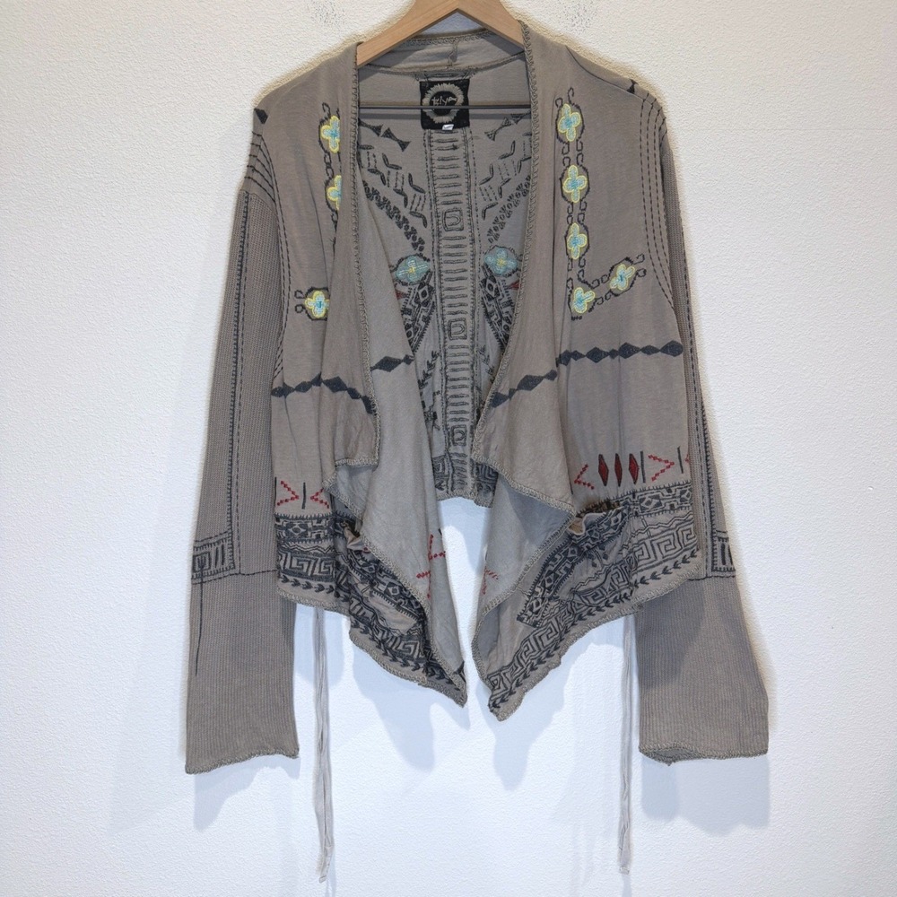 BIYA Johnny Was Womens Cardigan Boho Tribal Embroidered Waterfall Draped Large